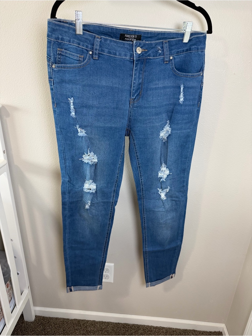 Forever 21 Medium Blue Distressed Skinny Jeans